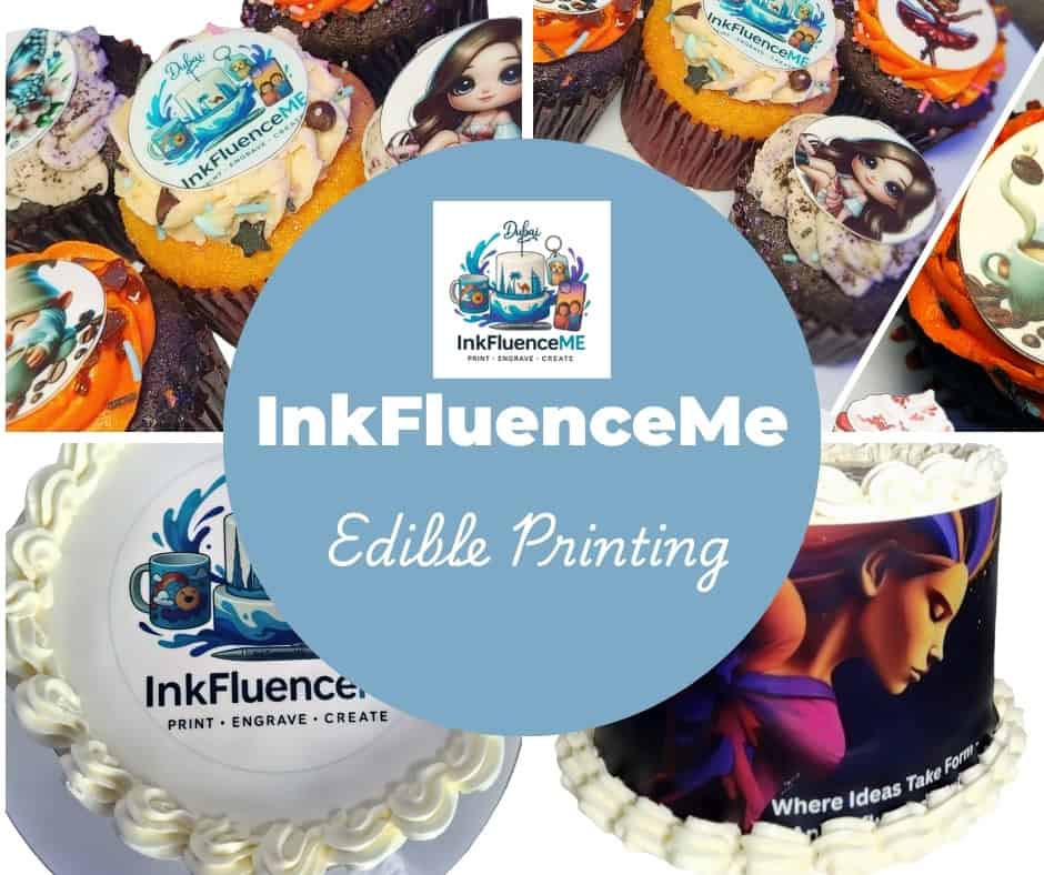 Collage showcasing InkFluenceME edible printing services, featuring custom cakes and cupcakes with edible prints of InkFluenceME logo, brand slogan "Where Ideas Take Form," and various vibrant character designs.