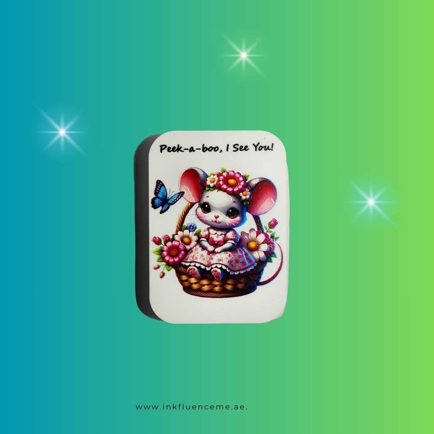 Rounded rectangle custom magnet with a cartoon mouse in a flower basket and "Peek-a-boo, I See You!" text. Personalized by InkFluenceME.