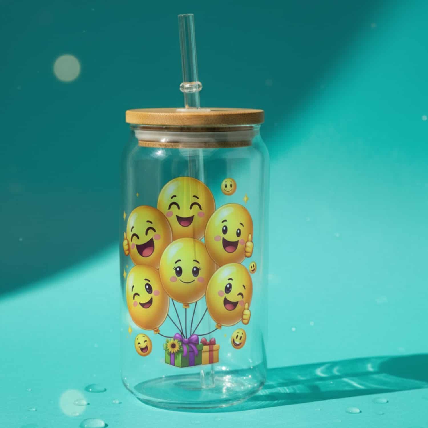 InkFluenceME personalized UV Printed 16oz Plastic Tumbler featuring a custom design of yellow smiley emoji balloons, with one holding a gift and sunflower. The tumbler has a bamboo lid and reusable straw, set on a bright teal background with water droplets.