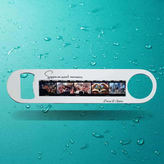 Personalized photo bottle opener featuring a filmstrip of five photos of a couple, with the custom text 'Sippin on sweet memories' and the names 'Daan & Ghita', set on a bright teal background with large water droplets.