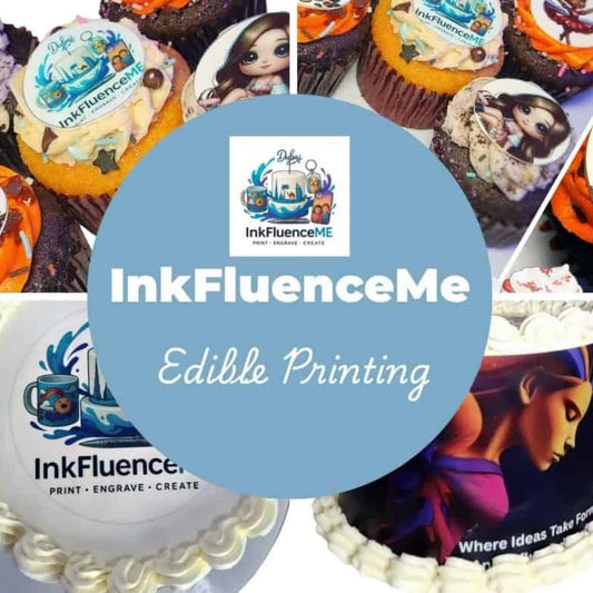 Collage showcasing InkFluenceME edible printing services, featuring custom cakes and cupcakes with edible prints of InkFluenceME logo, brand slogan "Where Ideas Take Form," and various vibrant character designs.