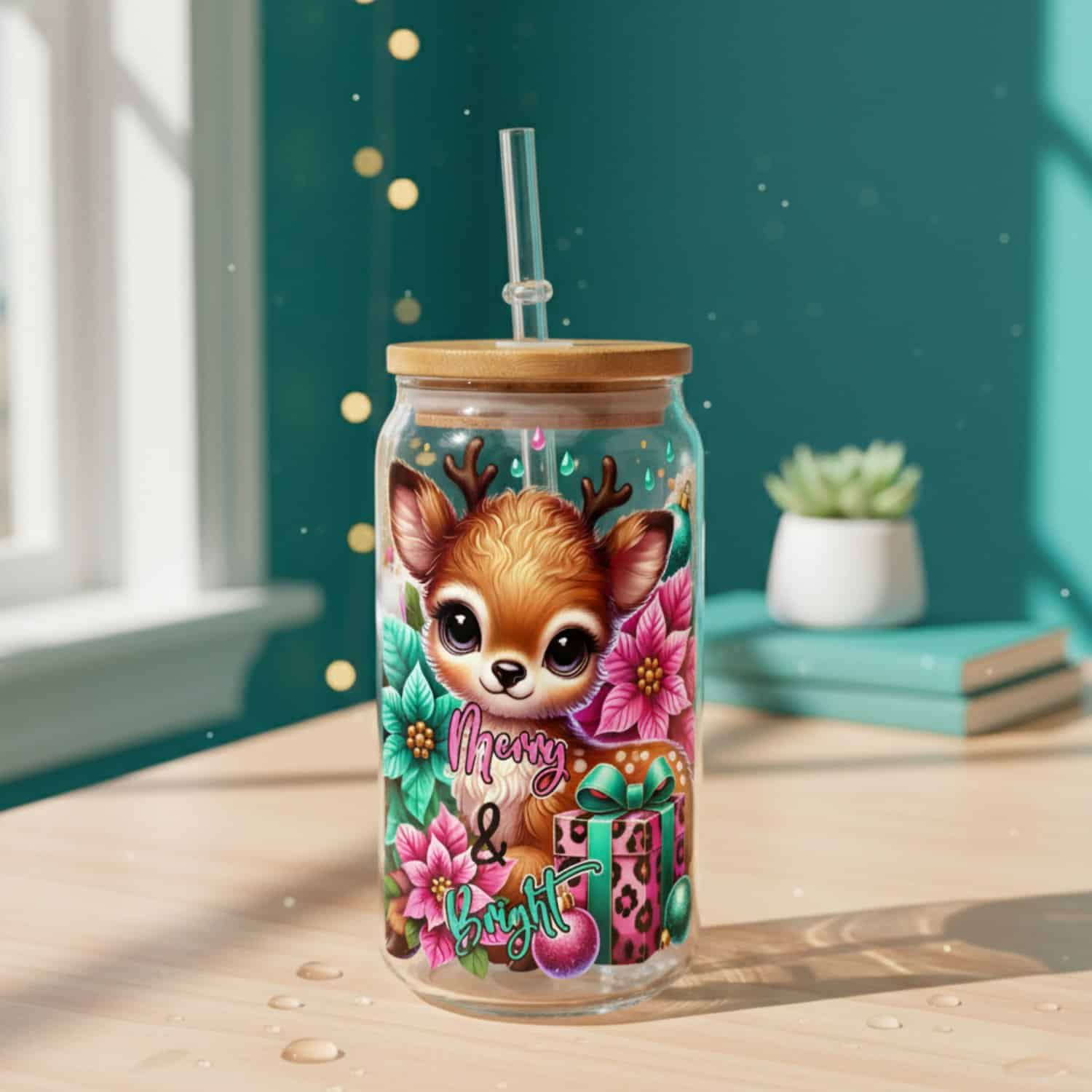 InkFluenceME personalized UV Printed 16oz Plastic Tumbler featuring a custom design of a cute reindeer, surrounded by vibrant Christmas flowers, gifts, and the text 'Merry & Bright'. The tumbler, with its bamboo lid and reusable straw, sits on a wooden desk with bokeh lights in the background.