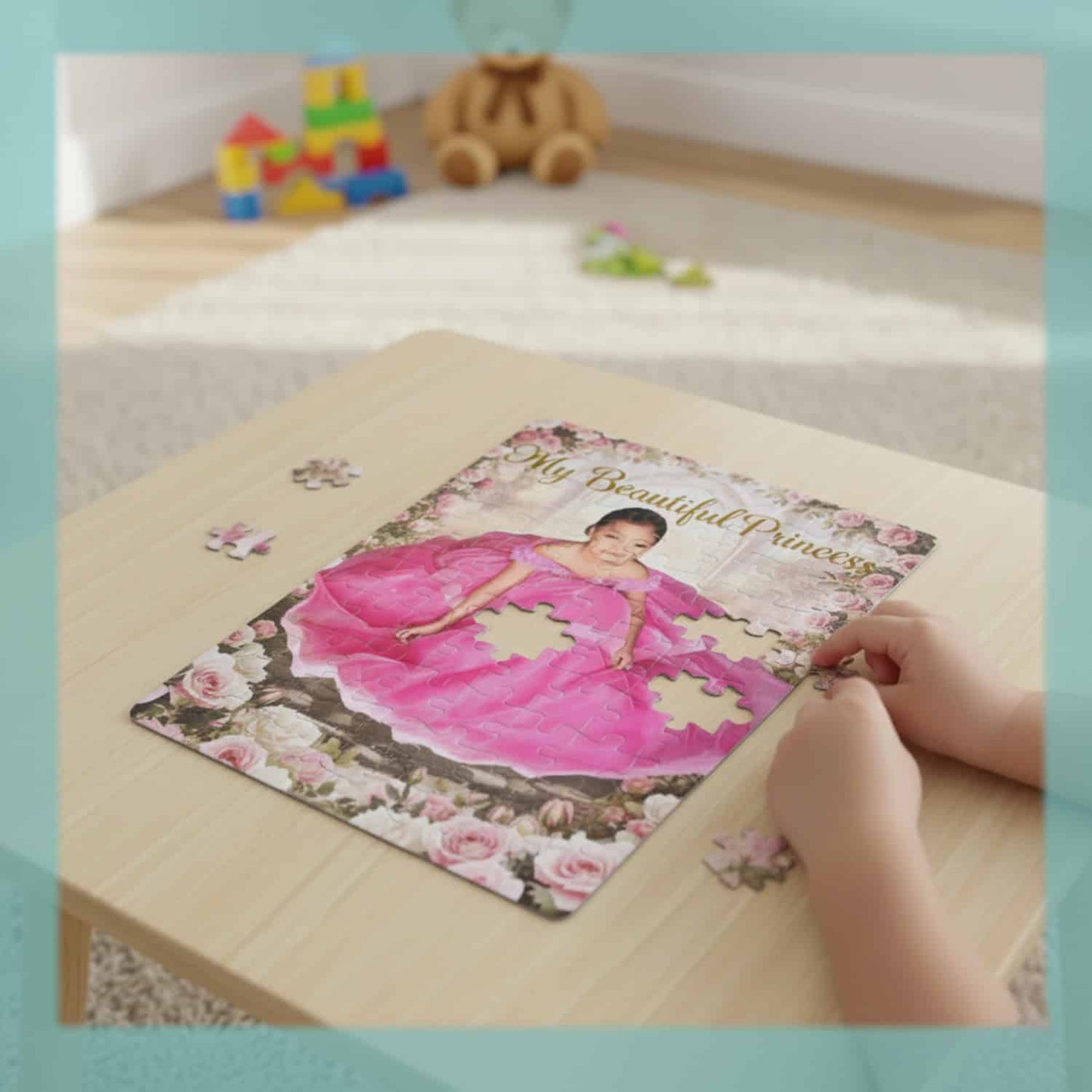 Interactive custom photo puzzle in an incomplete state, featuring a young girl in a pink princess dress and the gold overlay text "My Beautiful Princess." The puzzle is on a light wooden table in a softly lit playroom. The hands of a child are visible, actively placing a piece into one of the four visible gaps.