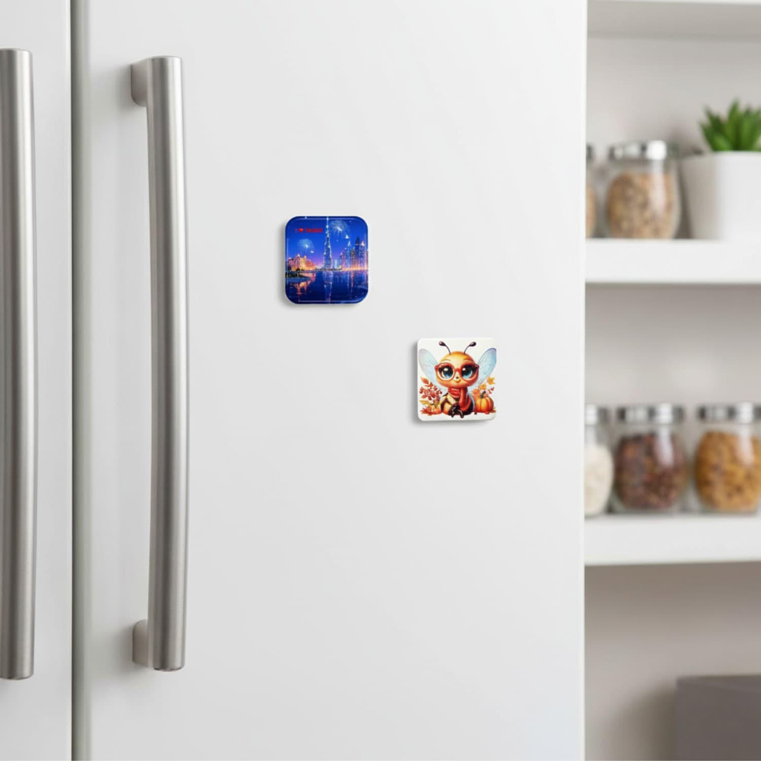 Two 6.5cm rounded square refrigerator magnets displayed on a modern, white fridge door in a kitchen setting. The magnet on the top left features a nighttime illustration of the Dubai skyline with fireworks and the text 'I ❤️ Dubai'. The magnet on the bottom right features a cute, cartoon bee wearing glasses, a red scarf, and sitting amongst autumn elements like pumpkins and leaves.