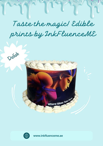 Product image for InkFluenceME edible printing service in Dubai. Shows a frosted cake featuring a vibrant, custom edible print with "Taste the magic Edible prints by InkFluenceME" at the top and "Where Ideas Take Form" on the cake's edge. The image background matches the InkFluenceME brand color theme, and "www.inkfluenceme.ae" is at the bottom.