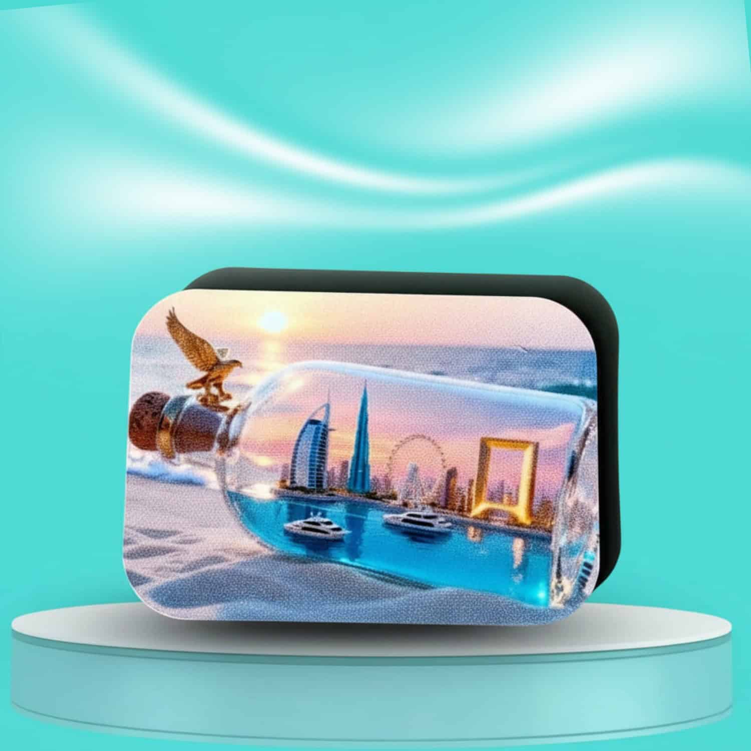 Pre-designed rounded rectangle magnet on a teal and white pedestal, showcasing a miniature Dubai cityscape inside a clear glass bottle lying on a sandy beach, with a golden eagle perched on the cork and a sunset background, all against a bright teal backdrop.