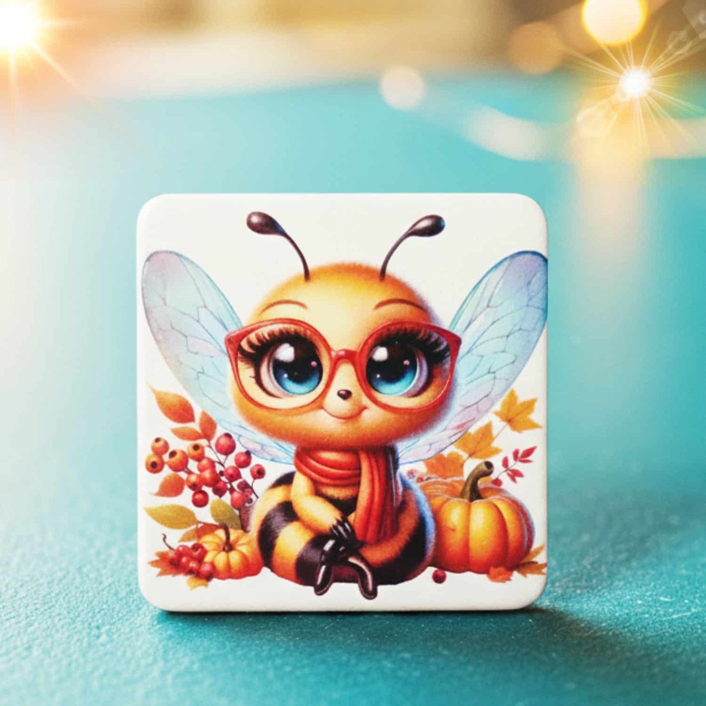 Custom rounded square magnet featuring a cute cartoon bee wearing red glasses and a scarf, surrounded by autumn leaves, berries, and pumpkins with a teal and gold background combination.