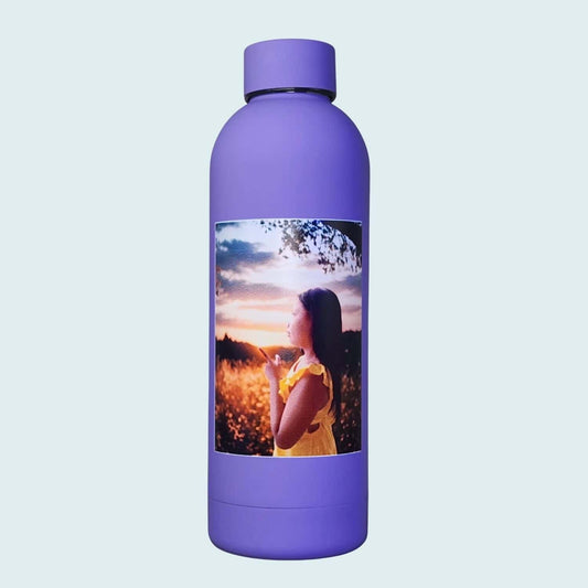 Example of a custom printed design on a blank 500ml stainless steel water bottle with a soft-touch purple finish.