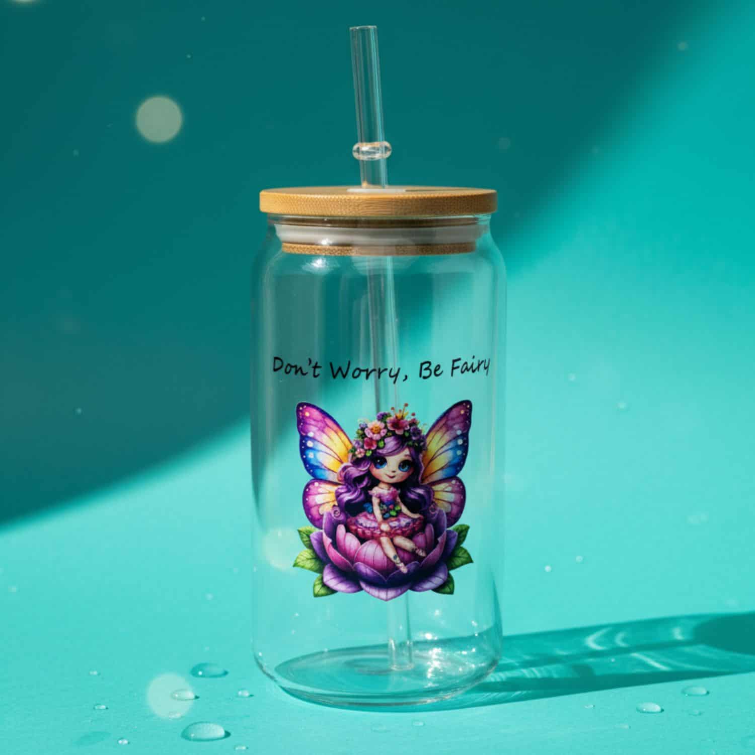 InkFluenceME custom UV Printed 16oz Plastic Tumbler featuring a colorful fairy design sitting on a purple lotus flower, with the text 'Don't Worry, Be Fairy' printed above, complete with a bamboo lid and reusable straw, set on a bright teal background with water droplets.